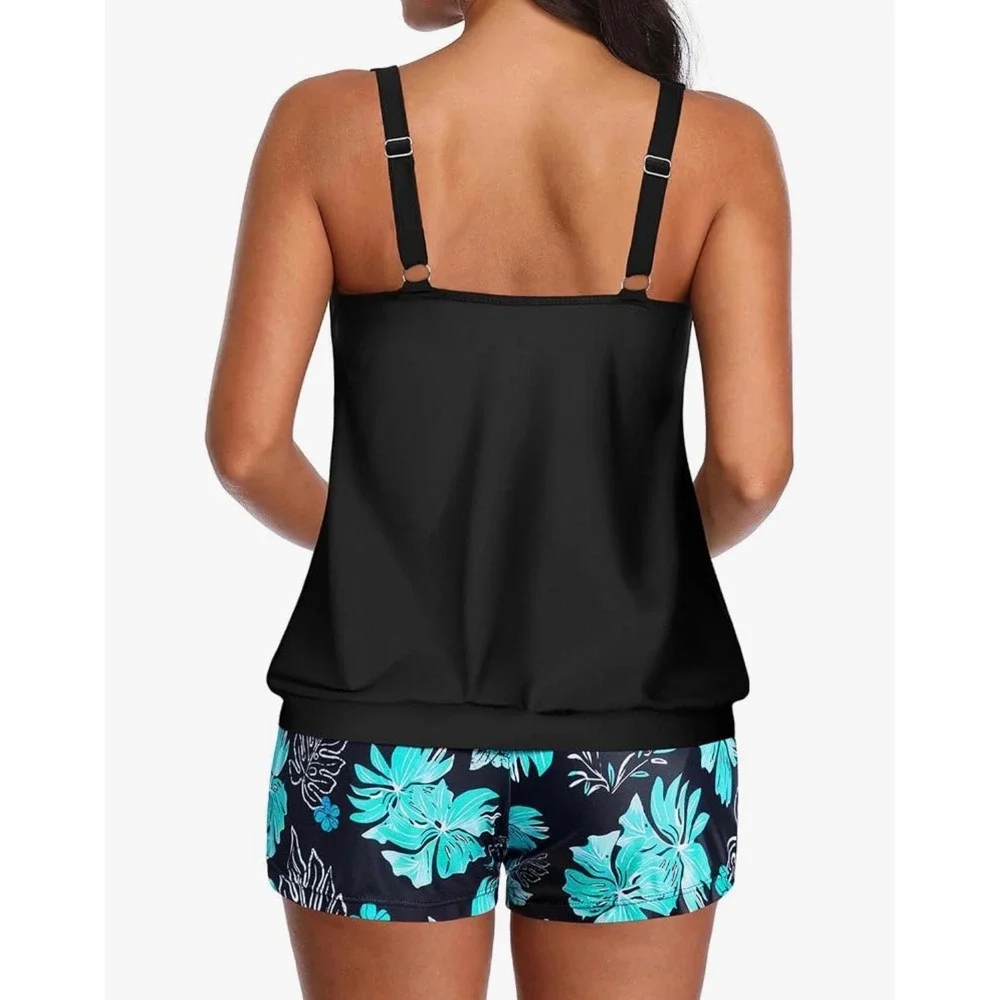 Aqua Eve Womens Two Piece Tankini Swimsuit Black Teal Floral Boy Shorts XL